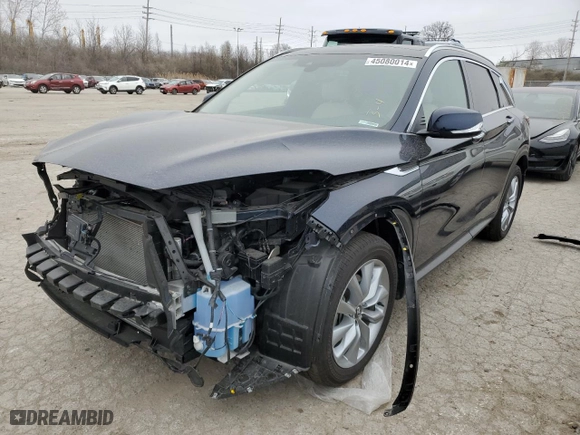 2022 Infiniti QX50 LUXE with VIN 3PCAJ5BB1NF117821, listed as a Copart auction lot 45080014 with 27,346 mi miles. Bid and sale history available at carsss.com. Image 1.
