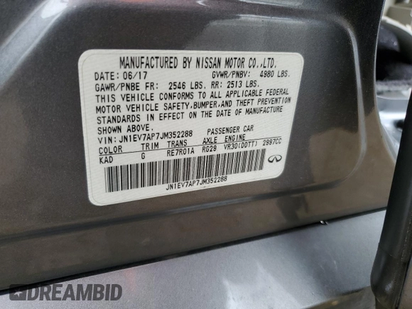 2018 Infiniti Q50 Luxe with VIN JN1EV7AP7JM352288, listed as a Copart auction lot 48599675 with 52,477 mi miles and Salvage Title. Bid and sale history available at carsss.com. Image 13.