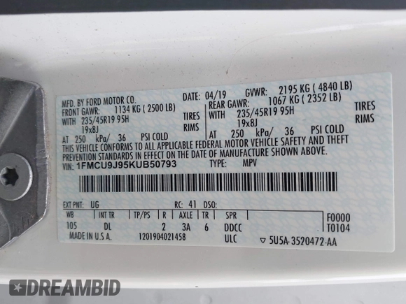 2019 Ford Escape Titanium with VIN 1FMCU9J95KUB50793, listed as a IAAI auction lot 41501161 with 111,644 mi miles. Bid and sale history available at carsss.com. Image 9.