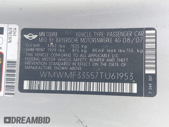 2007 MINI Hardtop with VIN WMWMF33557TU61953, listed as a IAAI auction lot 42678840 with 139,665 mi miles and . Bid and sale history available at DreamBid. Image 9.