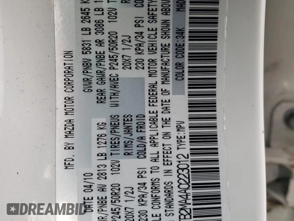2010 Mazda CX-9 Sport with VIN JM3TB2MA4A0223012, listed as a Copart auction lot 85233494 with 184,097 mi miles and Salvage Title. Bid and sale history available at DreamBid. Image 13.