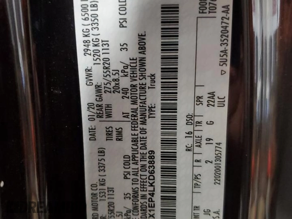 2020 Ford F-150 XL with VIN 1FTEX1EP4LKD63889, listed as a Copart auction lot 64065785 with 39,801 mi miles and Salvage title. Bid and sale history available at DreamBid. Image 12.