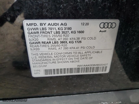 2021 Audi e-tron Premium with VIN WA1AAAGE9MB020437, listed as a Copart auction lot 43758605 with NaN miles and Salvage Title. Bid and sale history available at carsss.com. Image 16.