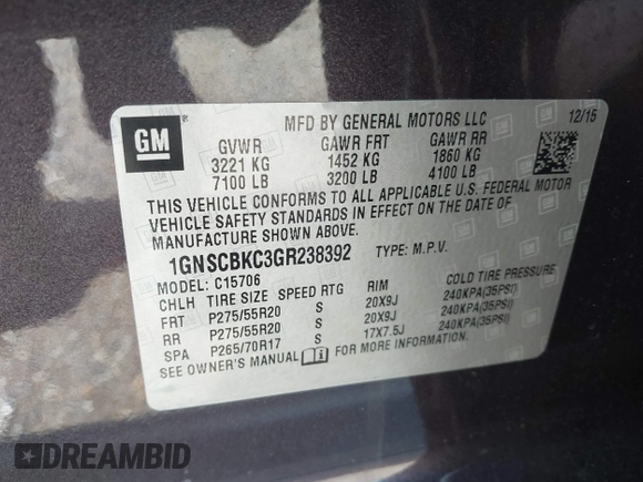 2016 Chevrolet Tahoe LT z VIN 1GNSCBKC3GR238392, wystawiony jako IAAI lot #41443009 z przebiegiem 95 163 mil mil oraz . Historia ofert i sprzedaży dostępna na DreamBid. Obrazek 9.