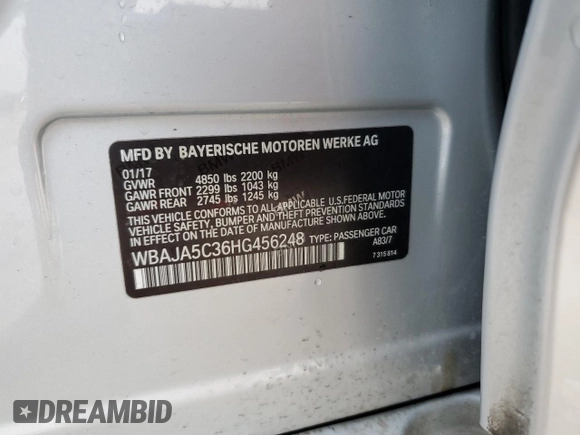 2017 BMW 5 Series 530i z VIN WBAJA5C36HG456248, wystawiony jako Copart lot #54521155 z przebiegiem 126 446 mil mil oraz Szkoda całkowita • Salvage title. Historia ofert i sprzedaży dostępna na DreamBid. Obrazek 12.