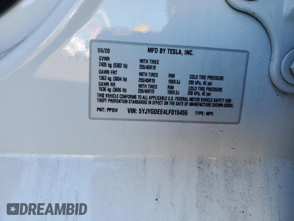 2020 Tesla Model Y Long Range with VIN 5YJYGDEE4LF015455, listed as a Copart auction lot 84223984 with 77,398 mi miles and Salvage Title. Bid and sale history available at DreamBid. Image 14.