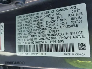 2017 Honda CR-V Touring with VIN 2HKRW1H91HH505686, listed as a IAAI auction lot 41805226 with 120,760 mi miles. Bid and sale history available at carsss.com. Image 9.