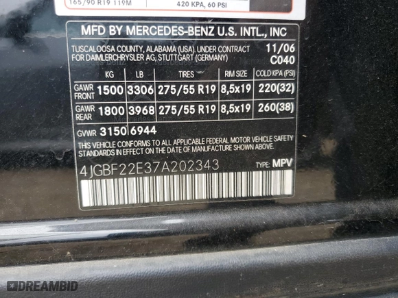 2007 Mercedes-Benz GL-Class with VIN 4JGBF22E37A202343, listed as a Copart auction lot 48902565 with 210,802 mi miles and Salvage Title. Bid and sale history available at carsss.com. Image 15.