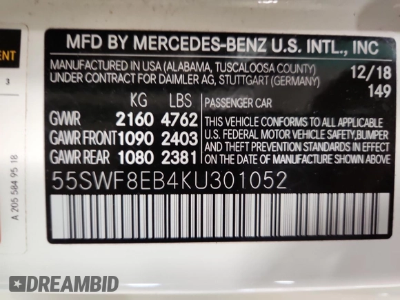 2019 Mercedes-Benz C 300 with VIN 55SWF8EB4KU301052, listed as a Copart auction lot 58484355 with 52,917 mi miles and Salvage title. Bid and sale history available at DreamBid. Image 13.