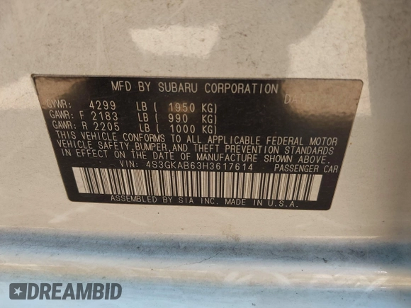 2017 Subaru Impreza Premium with VIN 4S3GKAB63H3617614, listed as a IAAI auction lot 41908948 with 102,722 mi miles and . Bid and sale history available at DreamBid. Image 9.