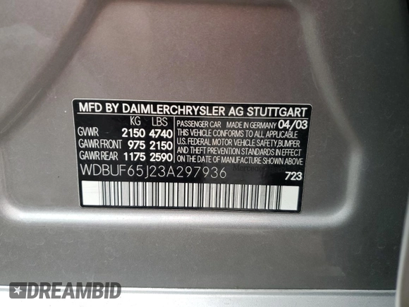 2003 Mercedes-Benz E 320 with VIN WDBUF65J23A297936, listed as a Copart auction lot 80877004 with 214,478 mi miles and Salvage Title. Bid and sale history available at DreamBid. Image 12.
