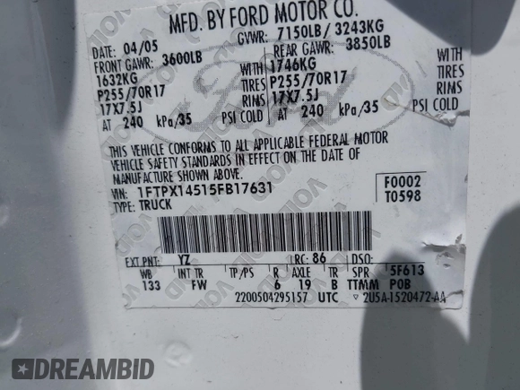 2005 Ford F-150 XLT with VIN 1FTPX14515FB17631, listed as a IAAI auction lot 42416217 with 289,177 mi miles and . Bid and sale history available at DreamBid. Image 9.