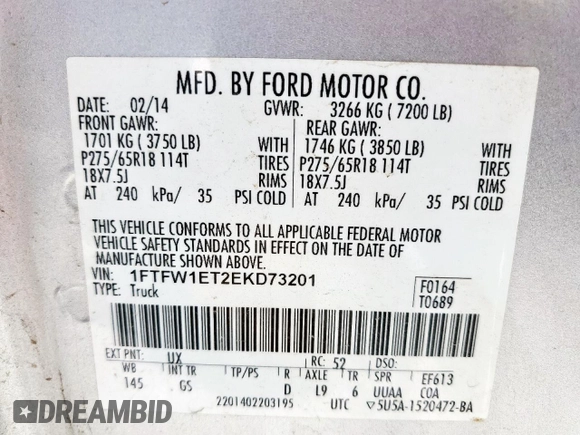 2014 Ford F-150 XL with VIN 1FTFW1ET2EKD73201, listed as a Copart auction lot 52908655 with 245,012 mi miles and Salvage Title. Bid and sale history available at carsss.com. Image 12.