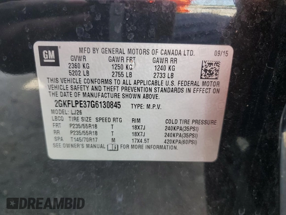 2016 GMC Terrain SLT z VIN 2GKFLPE37G6130845, wystawiony jako Copart lot #58192805 z przebiegiem 120 915 mil mil oraz Szkoda całkowita • Salvage title. Historia ofert i sprzedaży dostępna na DreamBid. Obrazek 14.