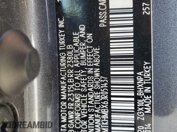 2018 Toyota C-HR XLE with VIN NMTKHMBX6JR051437, listed as a Copart auction lot 54416125 with 37,262 mi miles and Salvage Title. Bid and sale history available at DreamBid. Image 13.