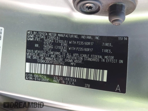2015 Toyota Sienna LE AAS with VIN 5TDKK3DC4FS557542, listed as a IAAI auction lot 41756997 with 256,000 mi miles. Bid and sale history available at carsss.com. Image 9.