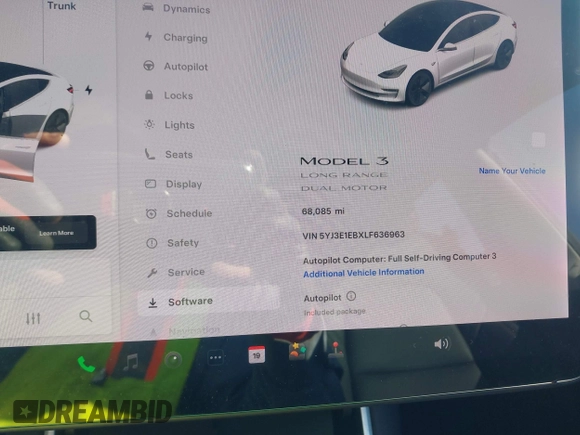 2020 Tesla Model 3 Long Range with VIN 5YJ3E1EBXLF636963, listed as a IAAI auction lot 41826249 with 68,085 mi miles. Bid and sale history available at carsss.com. Image 7.