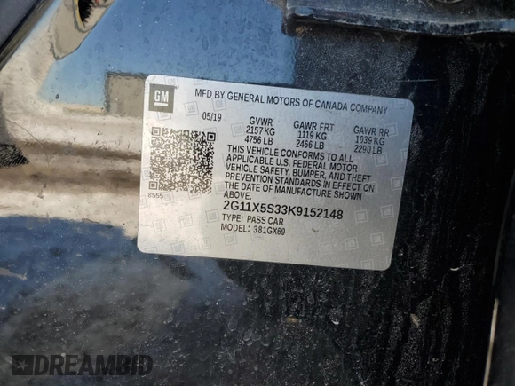2019 Chevrolet Impala LS с VIN 2G11X5S33K9152148, выставлен на аукционе Copart как лот 45979325 с пробегом 119 109 миль миль и Списание • Salvage title. История ставок и продаж доступна на DreamBid. Изображение 12.