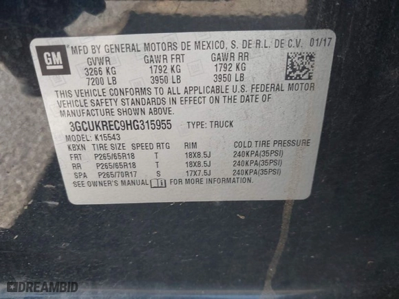2017 Chevrolet Silverado 1500 LT with VIN 3GCUKREC9HG315955, listed as a IAAI auction lot 41863754 with 235,593 mi miles. Bid and sale history available at carsss.com. Image 9.