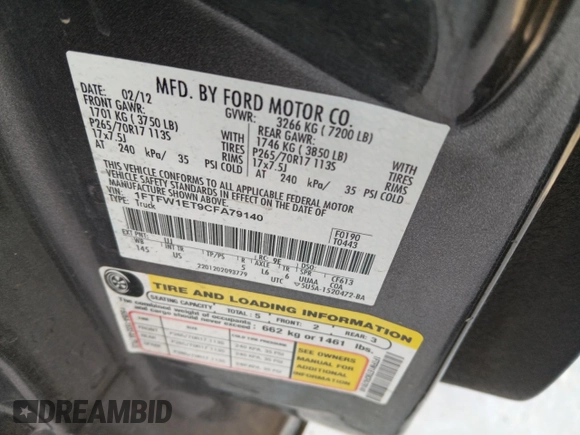 2012 Ford F-150 XL with VIN 1FTFW1ET9CFA79140, listed as a Copart auction lot 45445275 with 186,833 mi miles and Salvage Title. Bid and sale history available at carsss.com. Image 12.