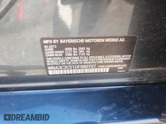 2013 BMW 3 Series 320i xDrive with VIN WBA3C3C51DF980707, listed as a Copart auction lot 63655825 with 148,487 mi miles and Clean title. Bid and sale history available at DreamBid. Image 12.