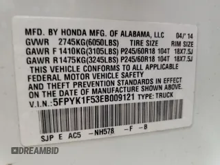 2014 Honda Ridgeline RTL with VIN 5FPYK1F53EB009121, listed as a Copart auction lot 62029614 with Not Provided miles and Clean Title. Bid and sale history available at carsss.com. Image 15.