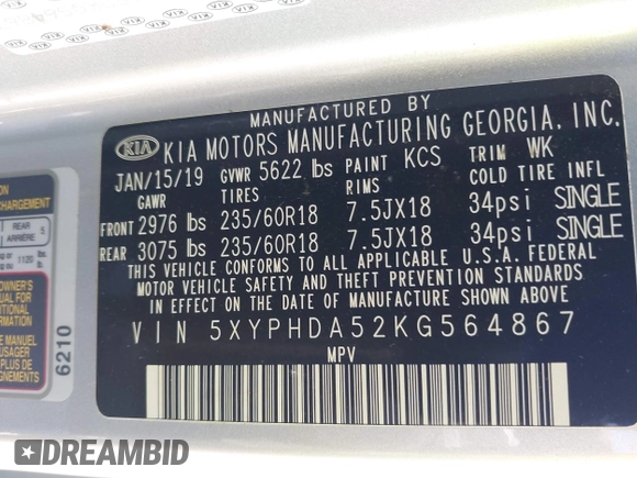 2019 Kia Sorento EX V6 with VIN 5XYPHDA52KG564867, listed as a IAAI auction lot 41991146 with 70,458 mi miles. Bid and sale history available at carsss.com. Image 9.