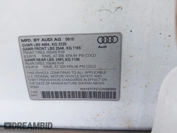 2016 Audi Q3 Premium Plus with VIN WA1EFCFS1GR006968, listed as a IAAI auction lot 42036018 with 77,329 mi miles and . Bid and sale history available at DreamBid. Image 9.