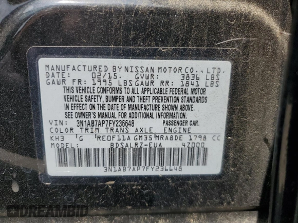2015 Nissan Sentra SV z VIN 3N1AB7AP7FY236648, wystawiony jako Copart lot #59995105 z przebiegiem 88 105 mil mil oraz Czysty tytuł • Clean title. Historia ofert i sprzedaży dostępna na DreamBid. Obrazek 12.