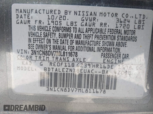 2021 Nissan Versa S with VIN 3N1CN8DV7ML811678, listed as a IAAI auction lot 42032397 with 21,089 mi miles and . Bid and sale history available at DreamBid. Image 9.