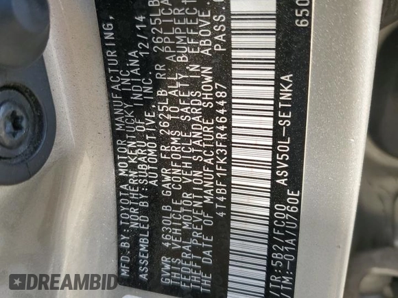 2015 Toyota Camry XLE with VIN 4T4BF1FK3FR464487, listed as a Copart auction lot 55512425 with 126,253 mi miles and Salvage Title. Bid and sale history available at carsss.com. Image 13.