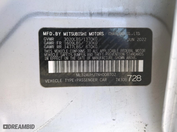 2022 Mitsubishi Mirage ES with VIN ML32AUHJ7NH008702, listed as a Copart auction lot 41927095 with 48,532 mi miles and Salvage Title. Bid and sale history available at carsss.com. Image 14.