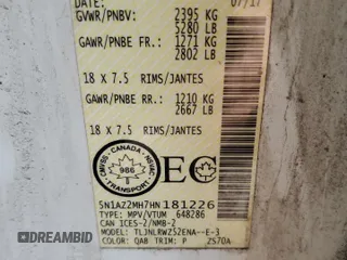 2017 Nissan Murano SL z VIN 5N1AZ2MH7HN181226, wystawiony jako Copart lot #59094235 z przebiegiem 61 851 mil mil oraz Szkoda całkowita • Salvage title. Historia ofert i sprzedaży dostępna na DreamBid. Obrazek 12.