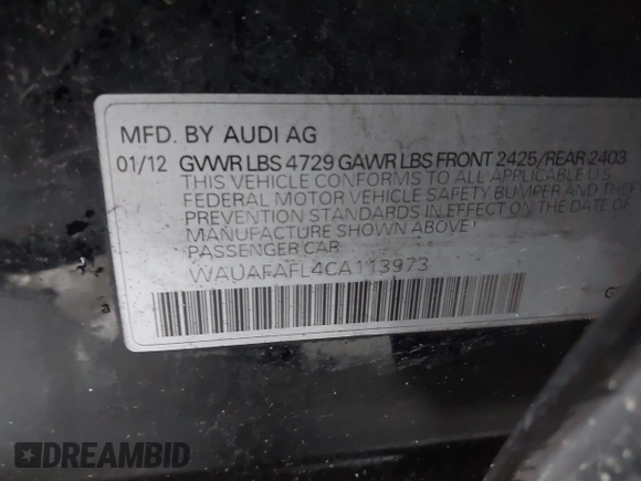 2012 Audi A4 2.0T Premium with VIN WAUAFAFL4CA113973, listed as a IAAI auction lot 41293934 with 184,254 mi miles. Bid and sale history available at carsss.com. Image 9.