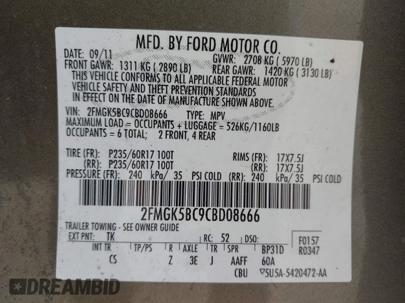 2012 Ford Flex SE with VIN 2FMGK5BC9CBD08666, listed as a IAAI auction lot 41962761 with 208,525 mi miles. Bid and sale history available at carsss.com. Image 9.