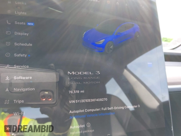 2019 Tesla Model 3 Long Range with VIN 5YJ3E1EB3KF408270, listed as a IAAI auction lot 41773713 with 78,519 mi miles. Bid and sale history available at carsss.com. Image 7.