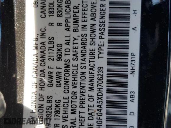 2013 Honda Civic Si with VIN 2HGFG4A5XDH706239, listed as a Copart auction lot 58581105 with 94,772 mi miles and Salvage title. Bid and sale history available at DreamBid. Image 12.