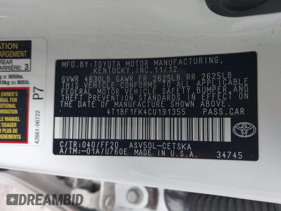 2012 Toyota Camry L with VIN 4T1BF1FK4CU191355, listed as a IAAI auction lot 42043091 with 139,629 mi miles. Bid and sale history available at carsss.com. Image 9.