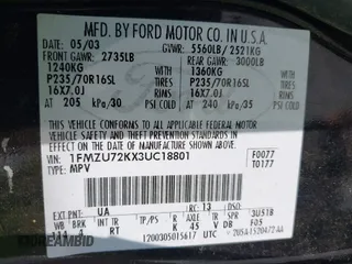 2003 Ford Explorer XLS с VIN 1FMZU72KX3UC18801, выставлен на аукционе IAAI как лот 42670816 с пробегом 147 661 миль миль и . История ставок и продаж доступна на DreamBid. Изображение 9.