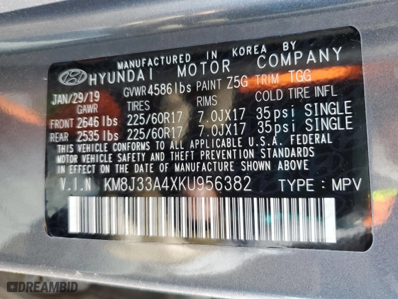 2019 Hyundai Tucson Value with VIN KM8J33A4XKU956382, listed as a Copart auction lot 42863185 with 68,364 mi miles and Salvage Title. Bid and sale history available at carsss.com. Image 14.