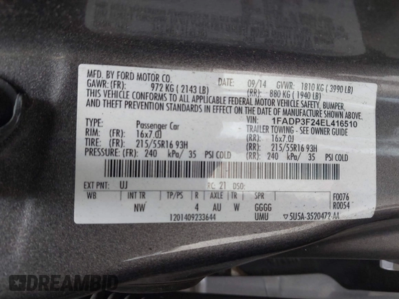 2014 Ford Focus SE with VIN 1FADP3F24EL416510, listed as a IAAI auction lot 41911464 with 186,153 mi miles. Bid and sale history available at carsss.com. Image 9.