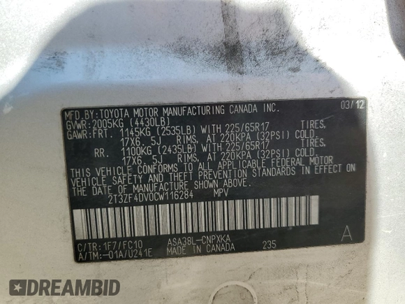 2012 Toyota RAV4 with VIN 2T3ZF4DV0CW116284, listed as a Copart auction lot 48575905 with 348,854 mi miles and Salvage Title. Bid and sale history available at carsss.com. Image 13.
