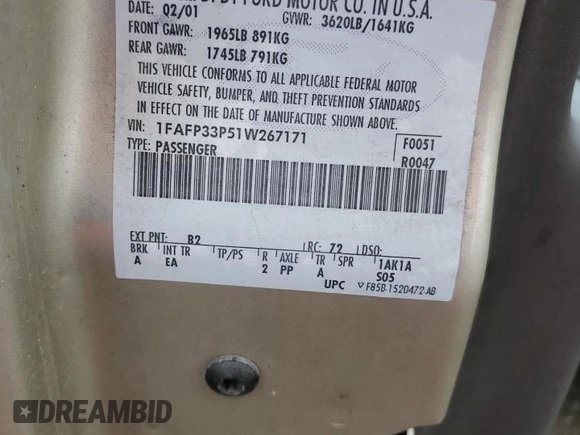 2001 Ford Focus LX with VIN 1FAFP33P51W267171, listed as a Copart auction lot 44200295 with 215,015 mi miles and Salvage Title. Bid and sale history available at carsss.com. Image 12.