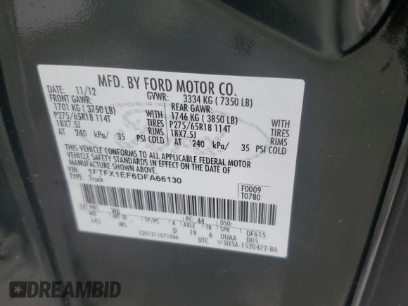 2013 Ford F-150 XL with VIN 1FTFX1EF6DFA66130, listed as a Copart auction lot 63207265 with 190,147 mi miles and Salvage title. Bid and sale history available at DreamBid. Image 12.