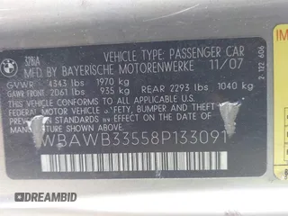 2008 BMW 3 Series 328i with VIN WBAWB33558P133091, listed as a IAAI auction lot 41648405 with 210,525 mi miles. Bid and sale history available at carsss.com. Image 9.