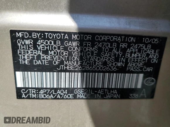 2006 Lexus IS 350 z VIN JTHBE262865002636, wystawiony jako Copart lot #59019725 z przebiegiem 159 559 mil mil oraz Czysty tytuł • Clean title. Historia ofert i sprzedaży dostępna na DreamBid. Obrazek 12.