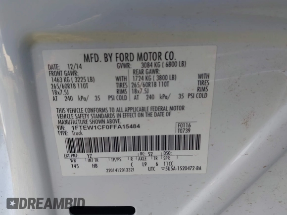 2015 Ford F-150 XL z VIN 1FTEW1CF0FFA15484, wystawiony jako IAAI lot #41928568 z przebiegiem Nie podano mil oraz . Historia ofert i sprzedaży dostępna na DreamBid. Obrazek 9.