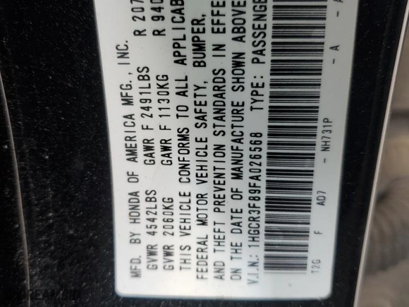 2015 Honda Accord Sedan EX-L with VIN 1HGCR3F89FA026568, listed as a Copart auction lot 54091375 with 154,099 mi miles and Clean Title. Bid and sale history available at carsss.com. Image 12.