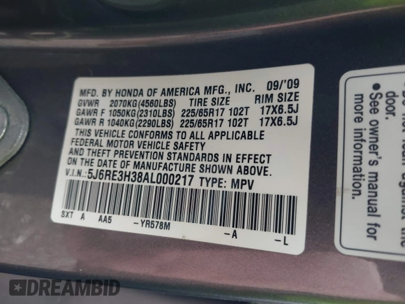2010 Honda CR-V LX z VIN 5J6RE3H38AL000217, wystawiony jako IAAI lot #42051176 z przebiegiem 221 590 mil mil oraz . Historia ofert i sprzedaży dostępna na DreamBid. Obrazek 9.