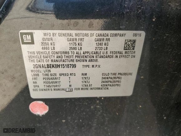 2017 Chevrolet Equinox LS with VIN 2GNALBEK8H1518799, listed as a Copart auction lot 89191695 with 0 mi miles and Salvage Title. Bid and sale history available at carsss.com. Image 14.